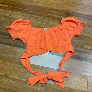 Blanco Orange Crop Top Puff Sleeve Tie‎ Waist 100% Cotton Womens Size Large NWT